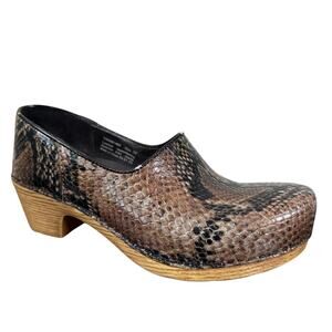 Dansko Marisol Snake Print Brown Leather Clogs Womens 36/ US 6-6.5